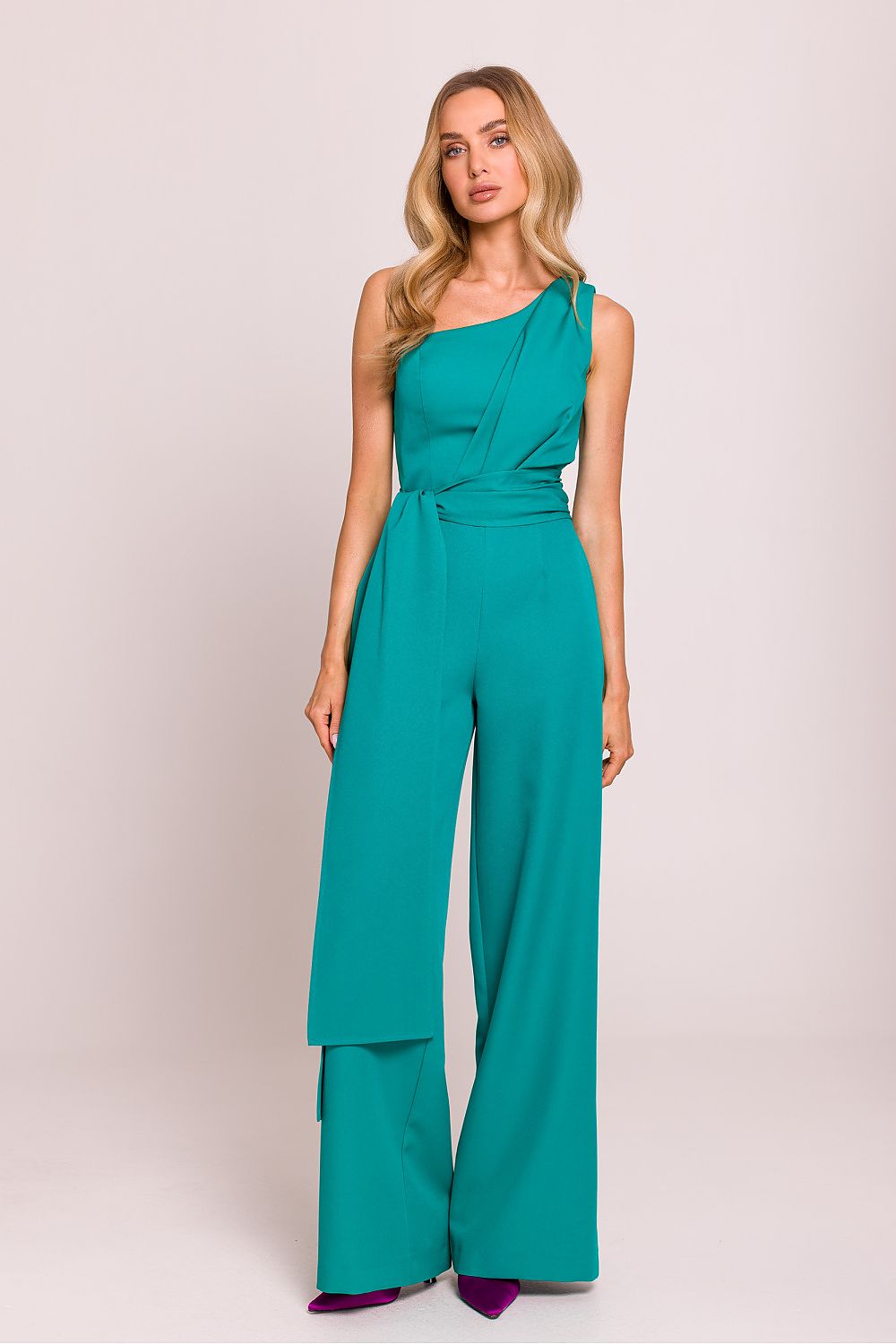 Elegant asymmetrical jumpsuit by Moe, featuring a unique motif and long scarves for added flair, perfect for luxurious styling.
