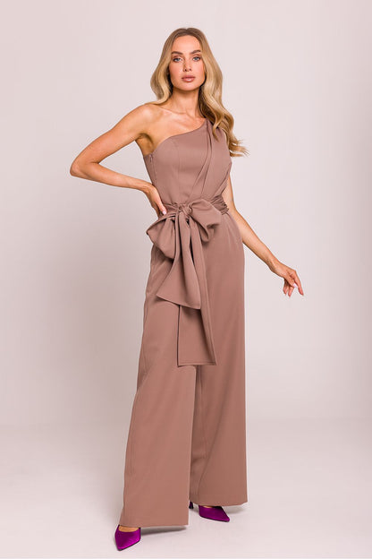 Elegant asymmetrical jumpsuit by Moe featuring a unique shoulder motif and flowing scarves, ideal for sophisticated styling.