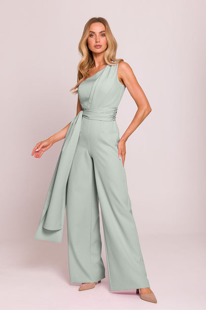 Model wearing an elegant asymmetrical jumpsuit by Moe, demonstrating its comfortable fit and stylish silhouette.
