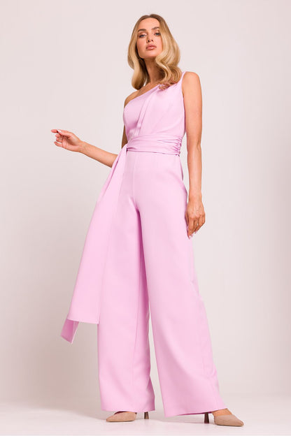 Elegant asymmetrical jumpsuit by Moe featuring unique shoulder motif and long side scarves for a luxurious look.