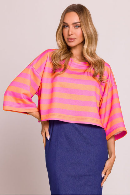 Moe oversized striped knit sweater with boat neck, showcasing wide 3/4 length sleeves, perfect for elegant everyday wear, designed in Poland.