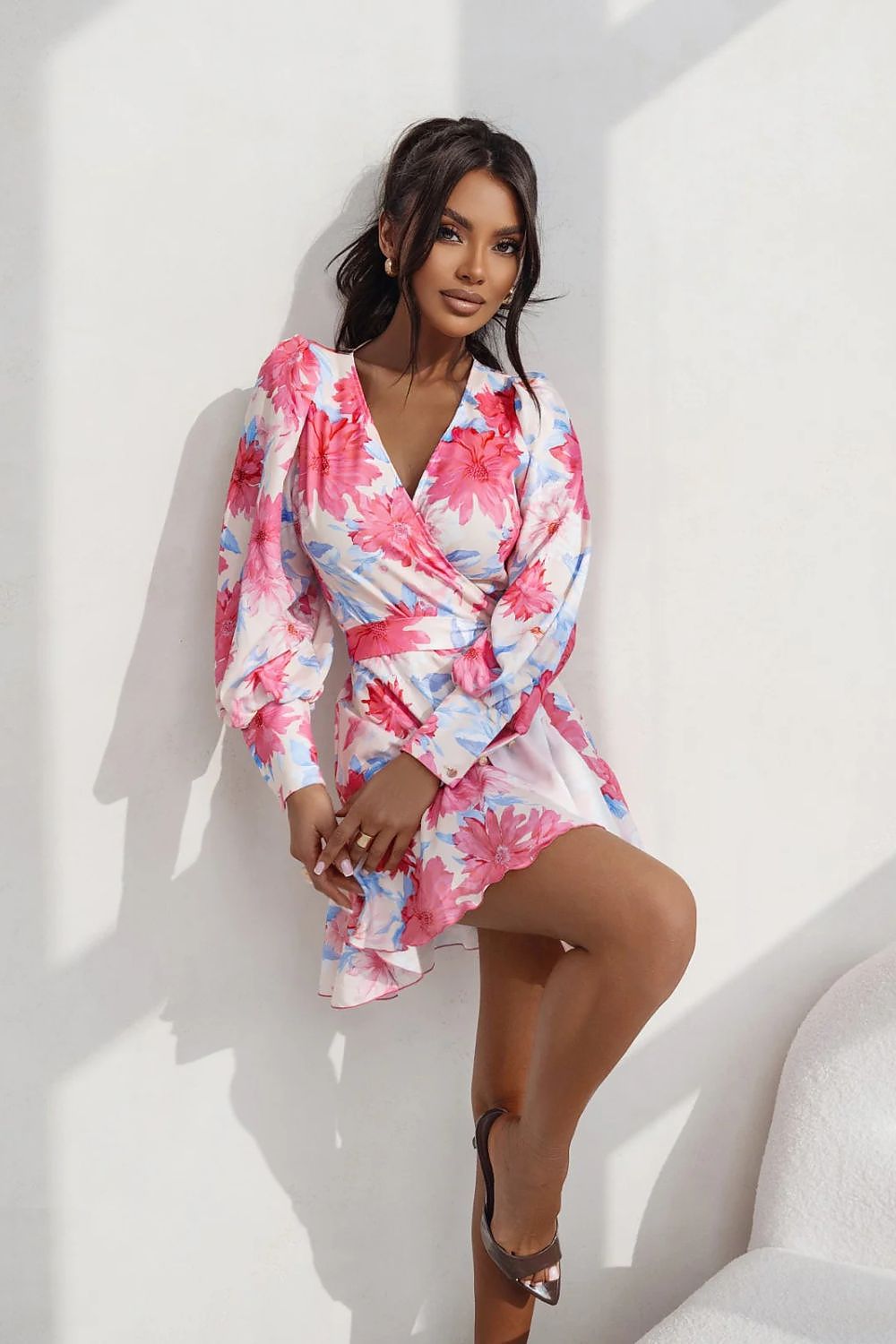 Fashionable LaBalancia Long Sleeve Wrap Dress worn elegantly, emphasising its sweetheart neckline and flattering waist tie.