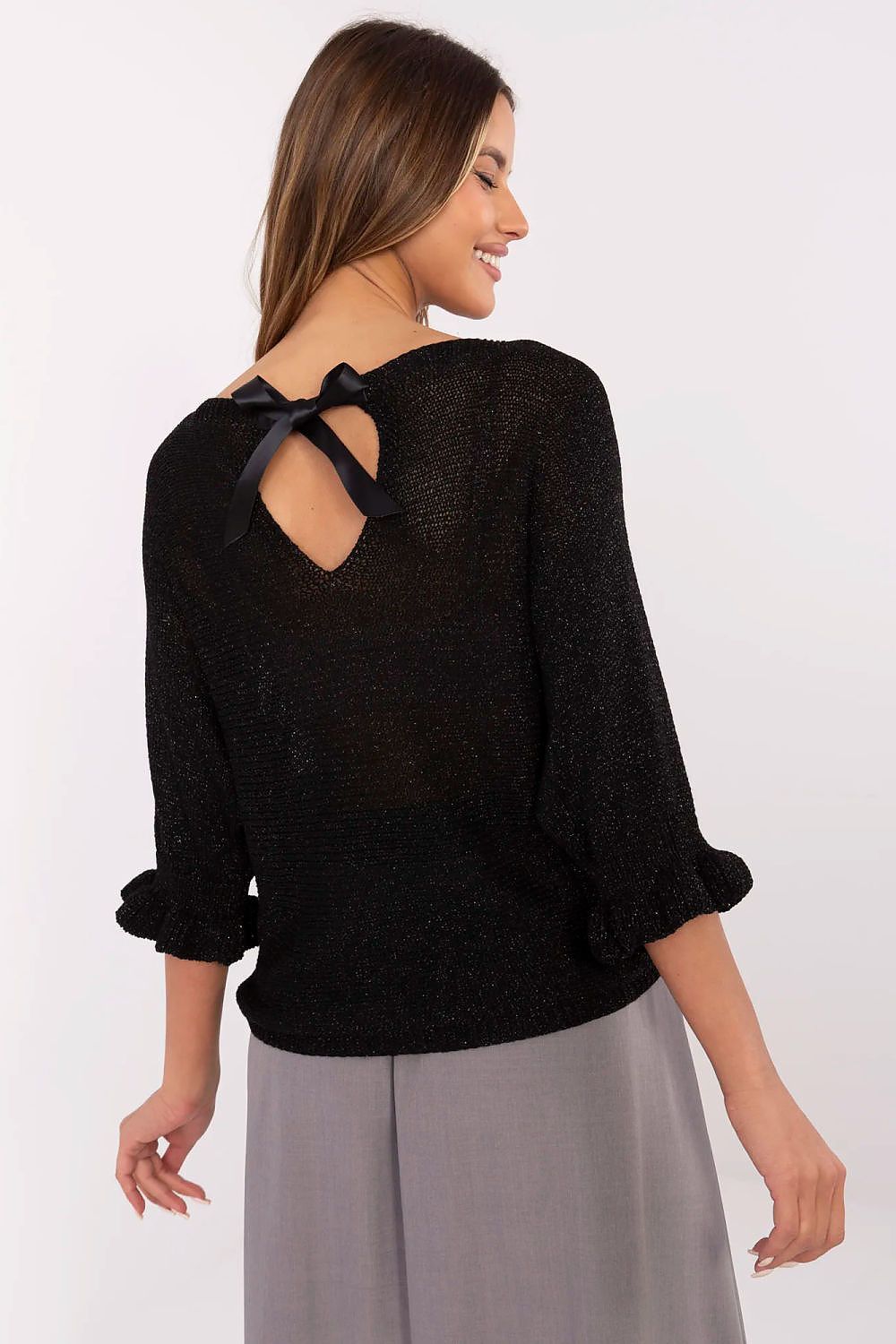 Full view of the elegant women's viscose sweater by Italy Moda, highlighting the flattering round neckline and exquisite design for luxurious everyday wear.