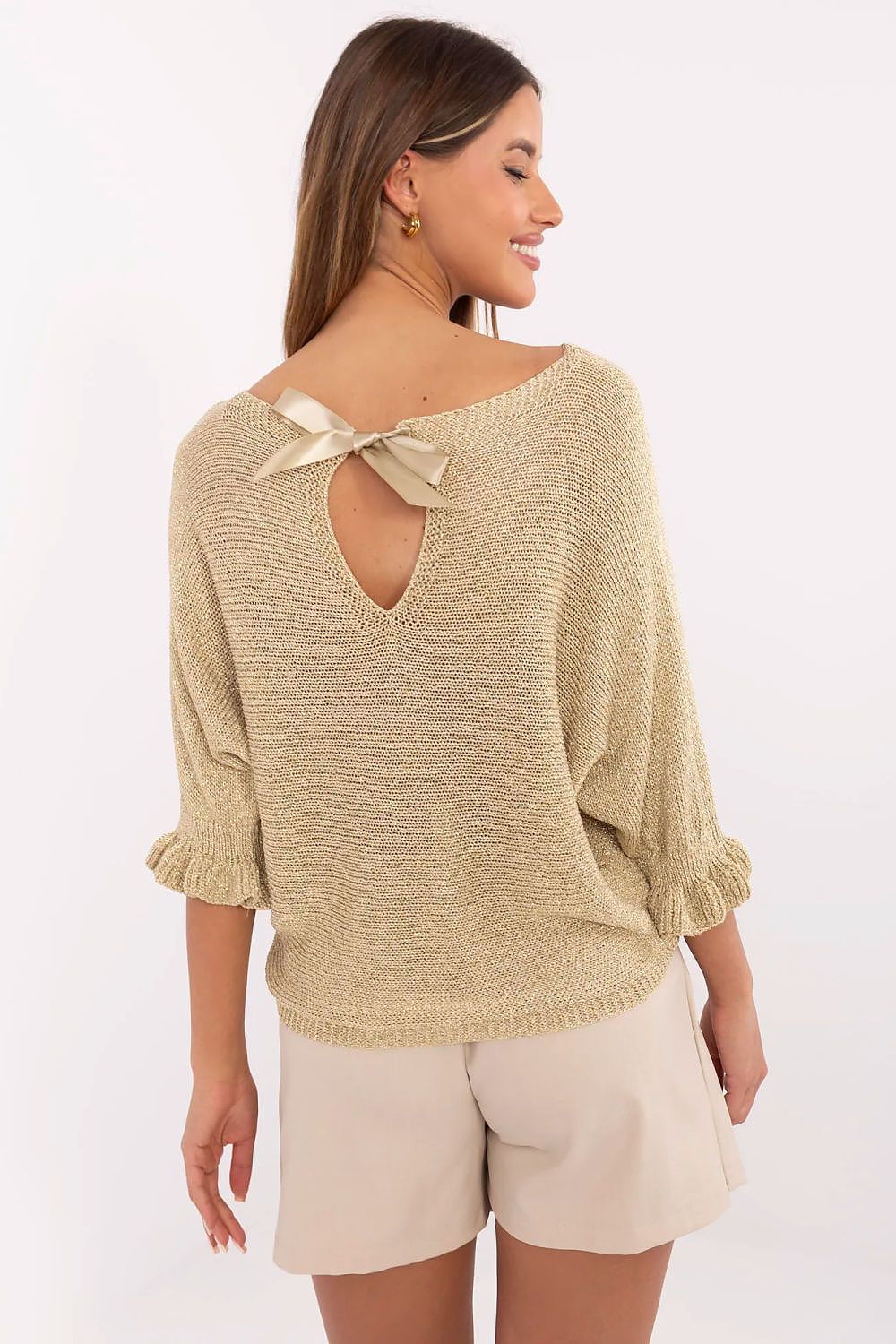 The Elegant Women's Viscose Sweater by Italy Moda, displayed flat to highlight its round neckline and frilled 3/4 sleeves, perfect for sophisticated outfits.