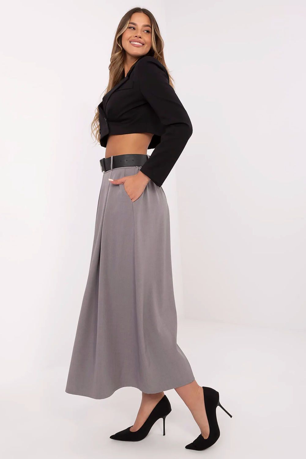 Italy Moda elegant long skirt displaying a flattering elastic waistband and luxurious silhouette, ideal for adding a touch of sophistication to any outfit.