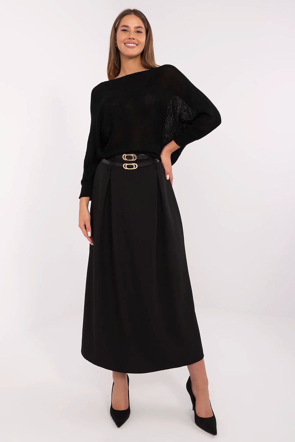Elegant Maxi Skirt by Italy Moda, crafted from high-quality polyester and spandex, featuring stylish pleats and belts for a luxurious look, perfect for formal and casual occasions.