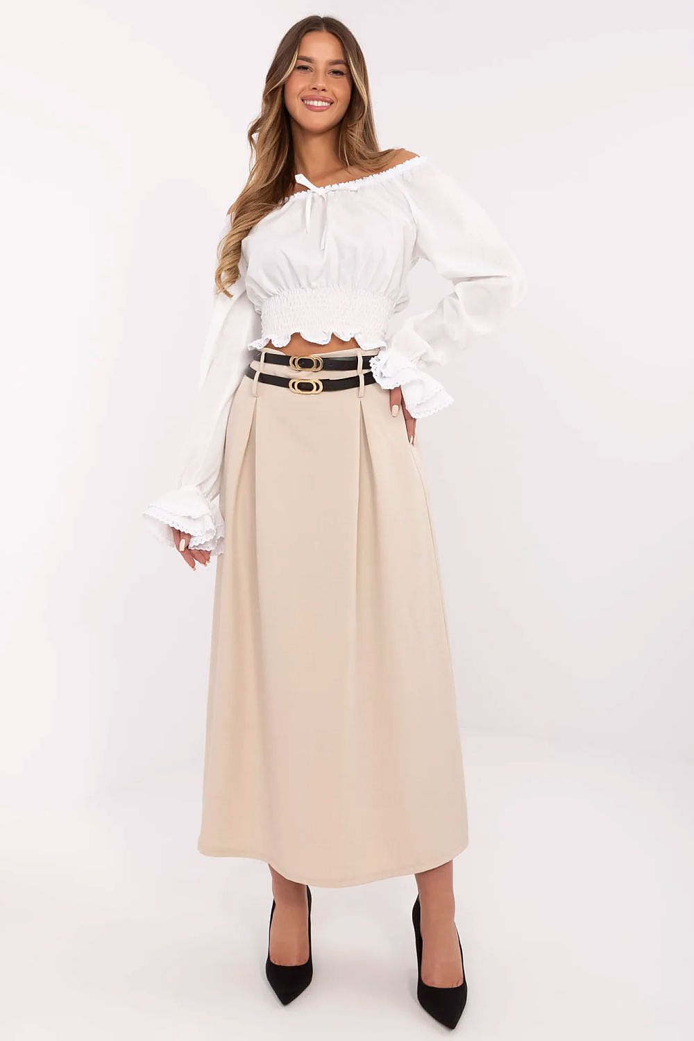 Elegant maxi skirt by Italy Moda featuring stylish pleats and belts, showcasing a luxurious polyester and spandex blend for comfort.
