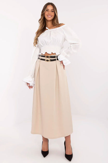 Elegant maxi skirt by Italy Moda featuring stylish pleats and belts, showcasing a luxurious polyester and spandex blend for comfort.