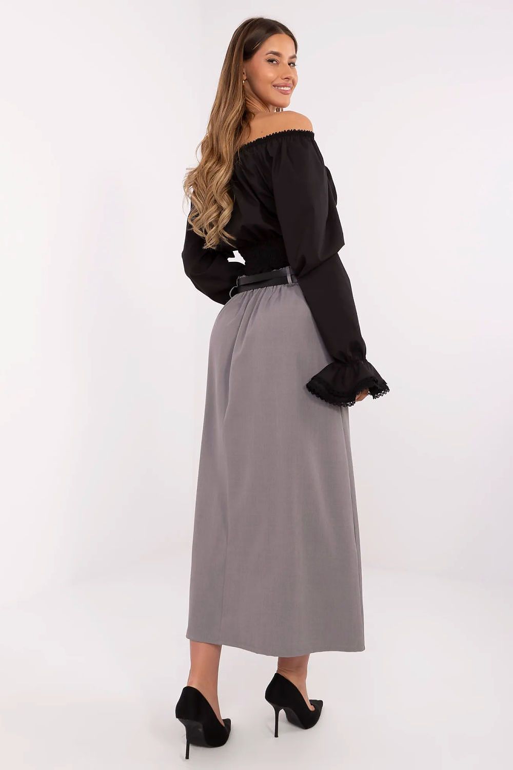 Elegant maxi skirt by Italy Moda made of high-quality polyester and spandex, showcasing stylish pleats and belts, perfect for both casual and formal occasions.