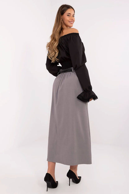 Elegant maxi skirt by Italy Moda made of high-quality polyester and spandex, showcasing stylish pleats and belts, perfect for both casual and formal occasions.