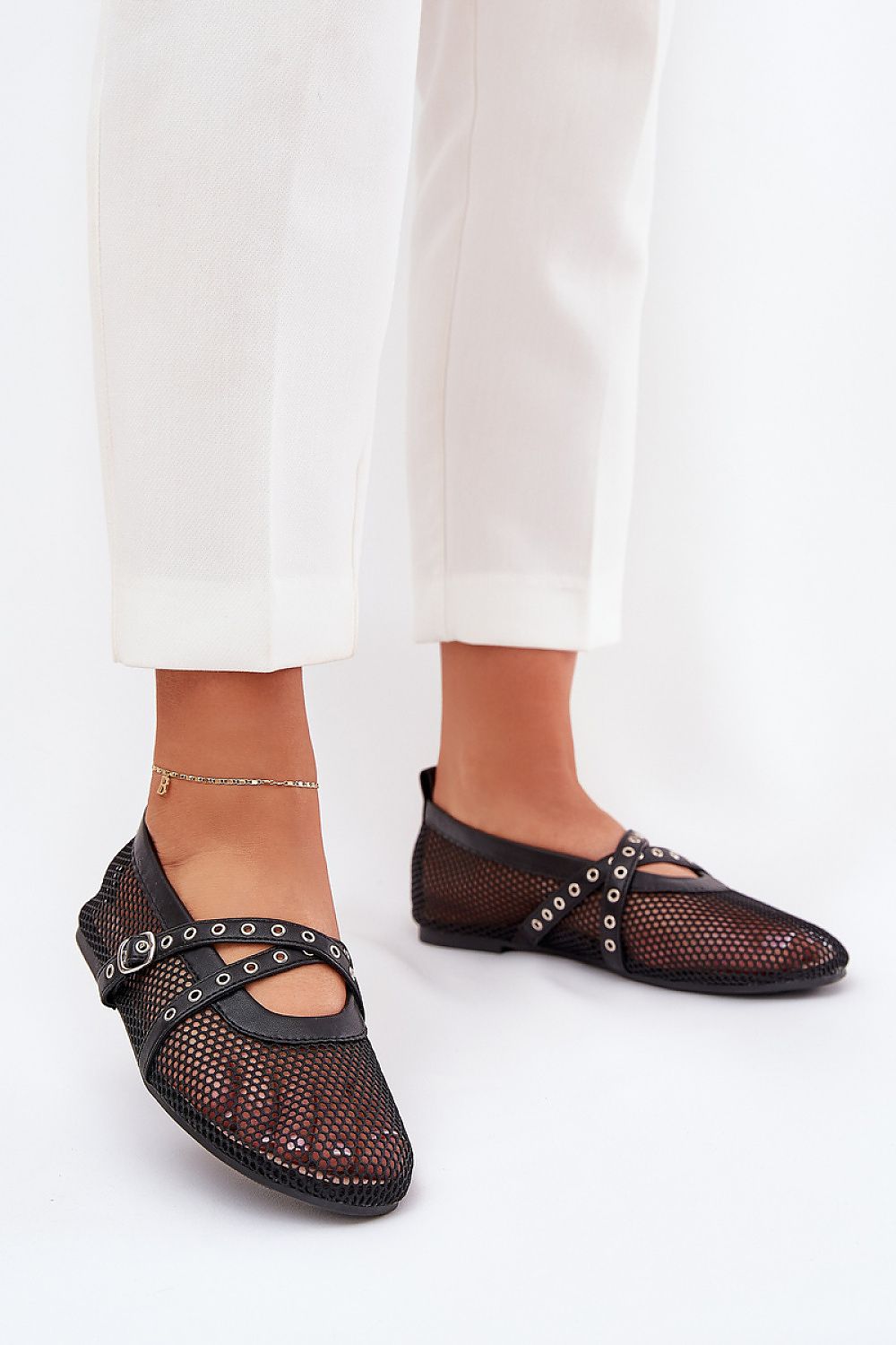 Elegant Ballerina Flats for Women by Step in Style, crafted from breathable mesh with decorative crisscross straps, providing comfort and luxury for formal and everyday wear. Available in sizes EU 36-41.