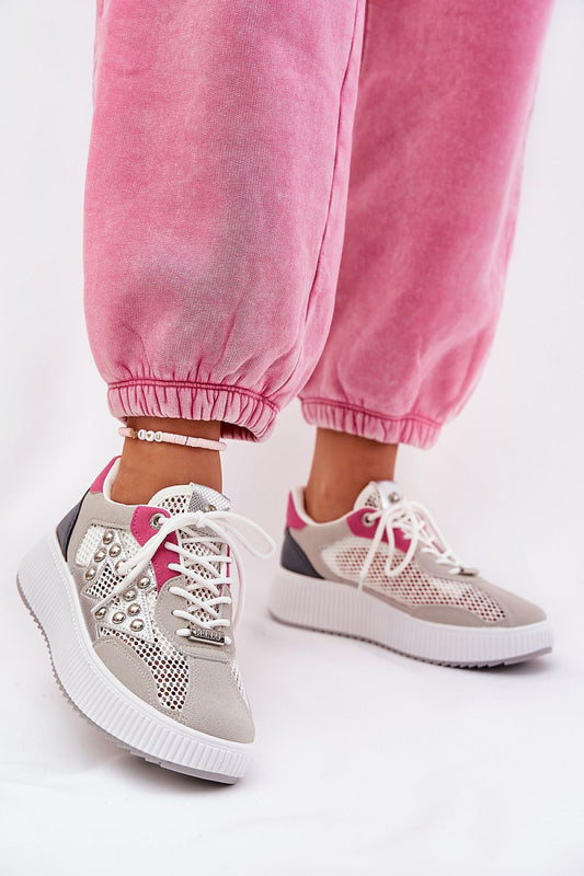 Luxury women's sport shoes by Step in style, featuring a chic eco-suede and breathable mesh design with unique studs.