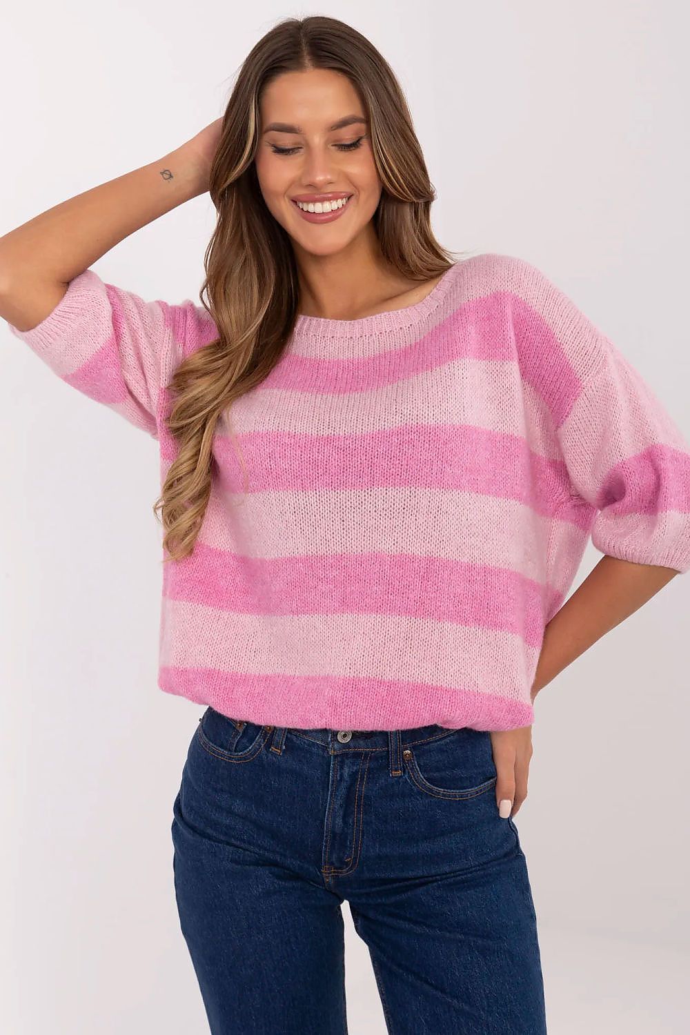 Luxury casual striped women's sweater in EU size 0 by Italy Moda, featuring a classic round neckline and 3/4 sleeves.