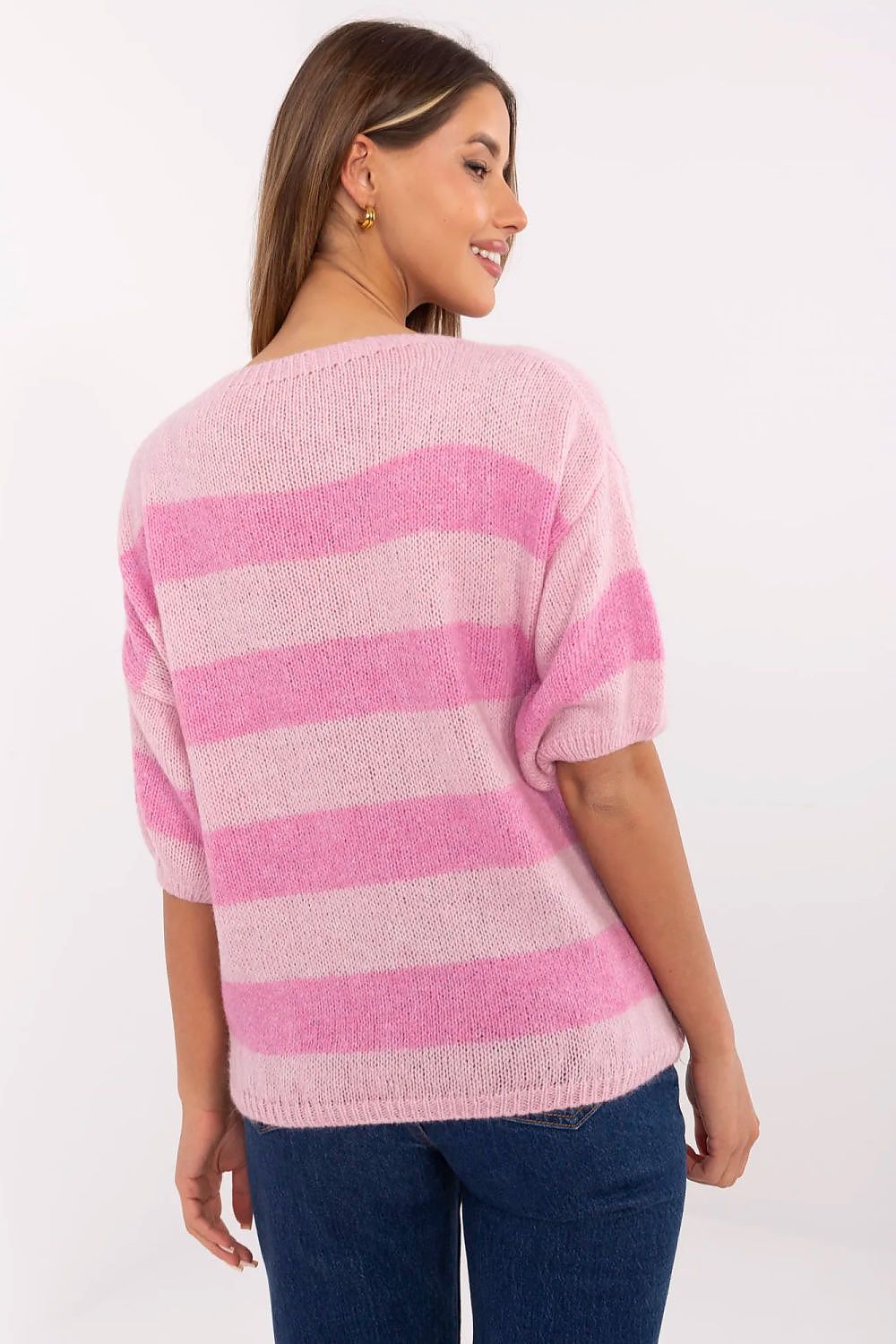 Close-up of luxurious striped women's sweater details from Italy Moda, showcasing the quality fabric and 3/4 sleeve design.