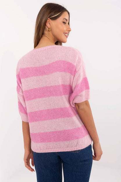 Close-up of luxurious striped women's sweater details from Italy Moda, showcasing the quality fabric and 3/4 sleeve design.
