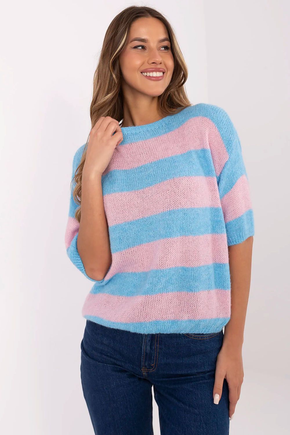 Model wearing Italy Moda's luxury casual striped women's sweater, ideal for everyday elegance and comfort.