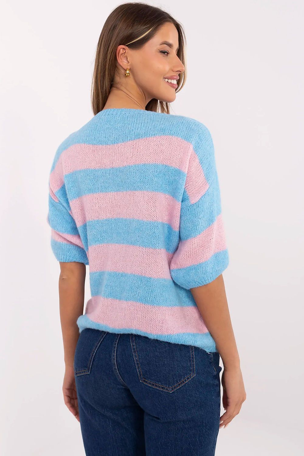 Luxury Casual Striped Women's Sweater by Italy Moda featuring 3/4 sleeves and a classic round neckline, perfect for stylish everyday wear.