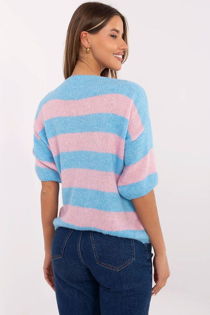 Luxury Casual Striped Women's Sweater by Italy Moda featuring 3/4 sleeves and a classic round neckline, perfect for stylish everyday wear.