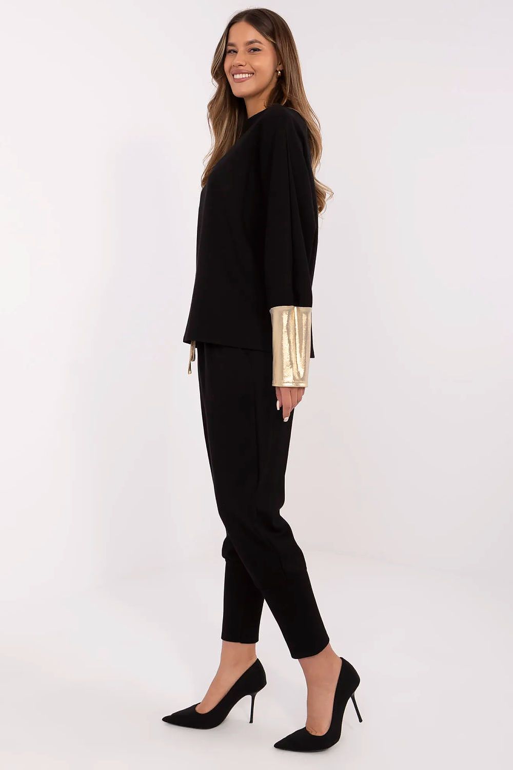 Elegant women's set by Italy Moda featuring a stylish boat neck blouse and high-waisted pants in a soft viscose blend, perfect for creating a luxury outfit.