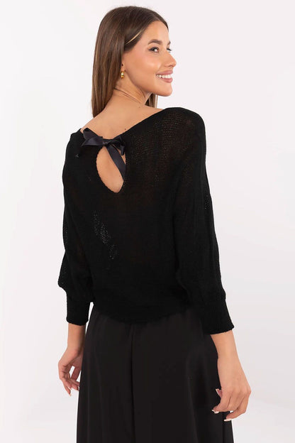 Full view of Italy Moda's elegant women's geometric sweater, highlighting its stylish boat neckline and 3/4 sleeves, designed for modern women.