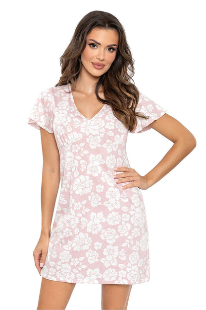 Luxurious Elegant Cotton Nightshirt by Donna featuring a V-neckline and delicate lace short sleeves, perfect for a comfortable night's sleep.