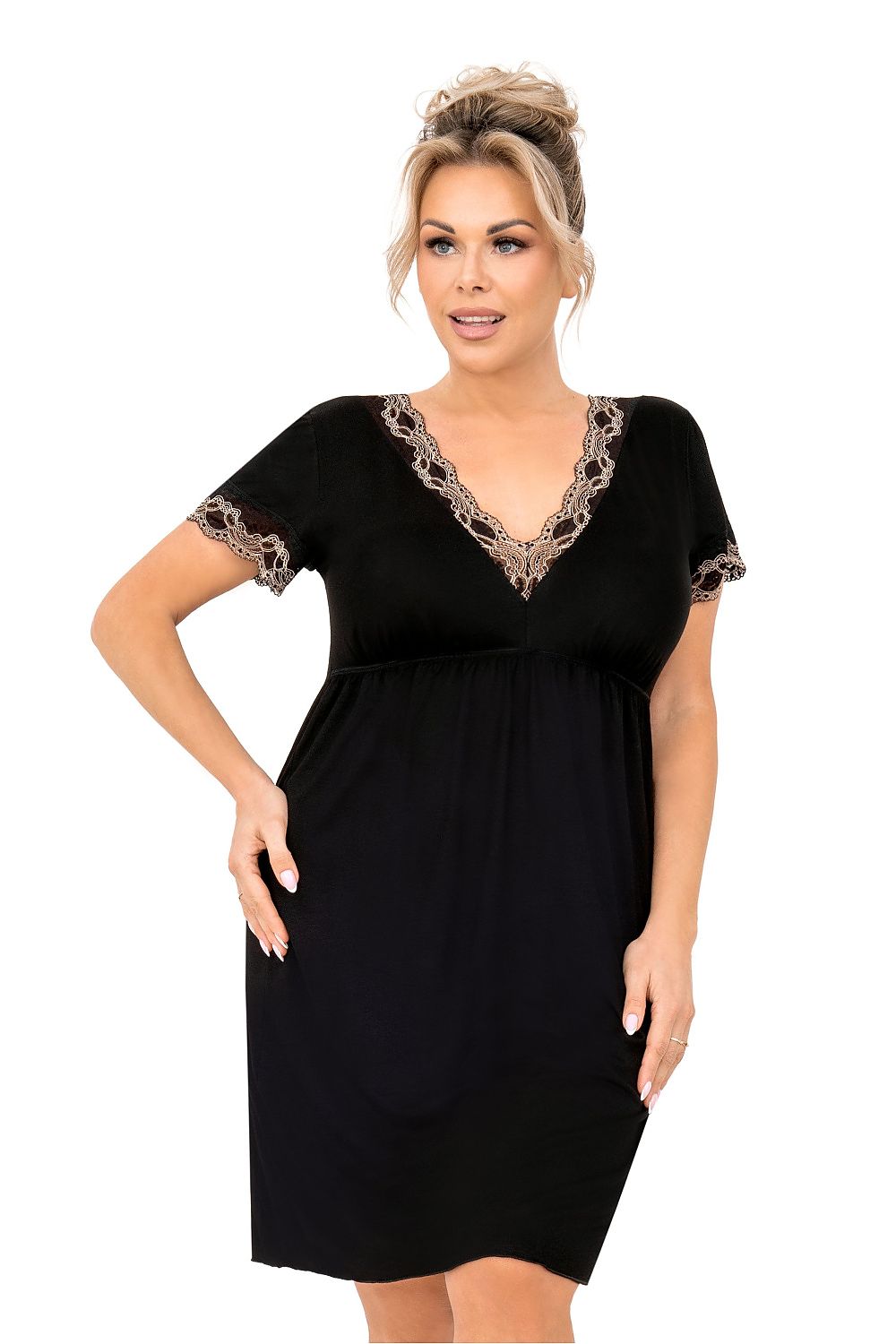 Elegant plus size nightshirt for women by Donna, featuring a luxurious V-neckline with lace detail and styled in sizes EU XXXL to XXXXXXL.