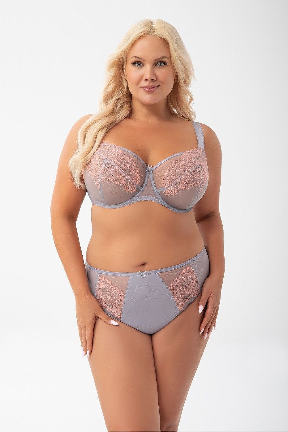 Gorsenia Lingerie luxury soft support bra for larger busts, showcasing elegant embroidery and mesh detailing, designed for utmost comfort and support.