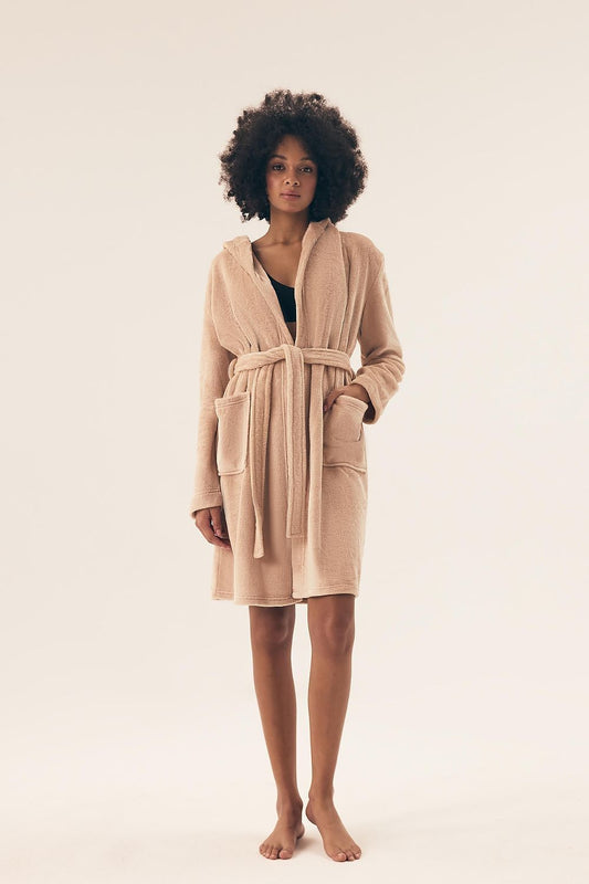 Luxurious women's Henderson bathrobe in soft polyester, featuring a hood and above-knee length, perfect for comfort and style.