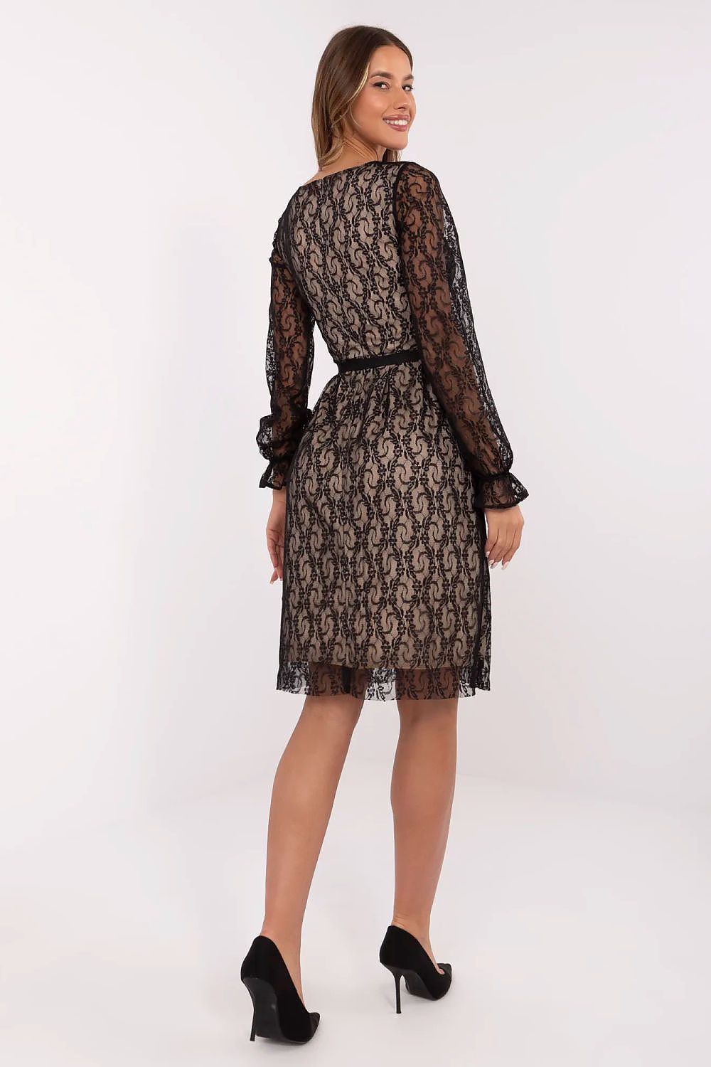 Back view of the elegant knee-length cocktail dress by Lakerta featuring a concealed zipper and included tie belt for accentuating the waist, a timeless choice for sophisticated style.