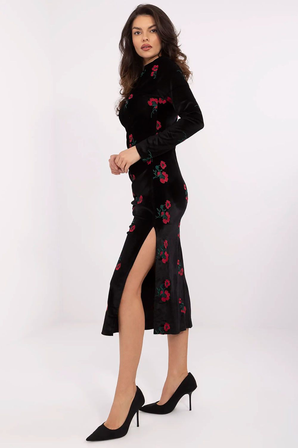 Back view of Lakerta's elegant midi length evening pencil dress with long sleeves, highlighting its romantic silhouette and unique neckline.