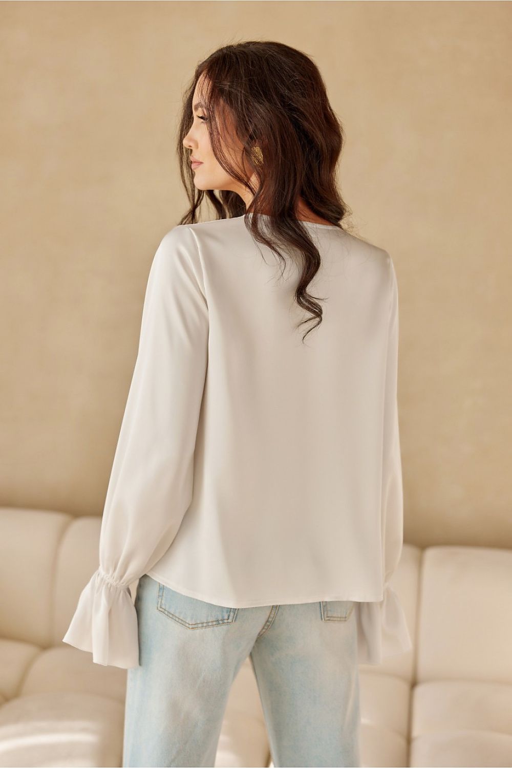 Elegant Roco Fashion blouse with long puffy sleeves and decorative neck tie, size EU 36, perfect for luxurious style.