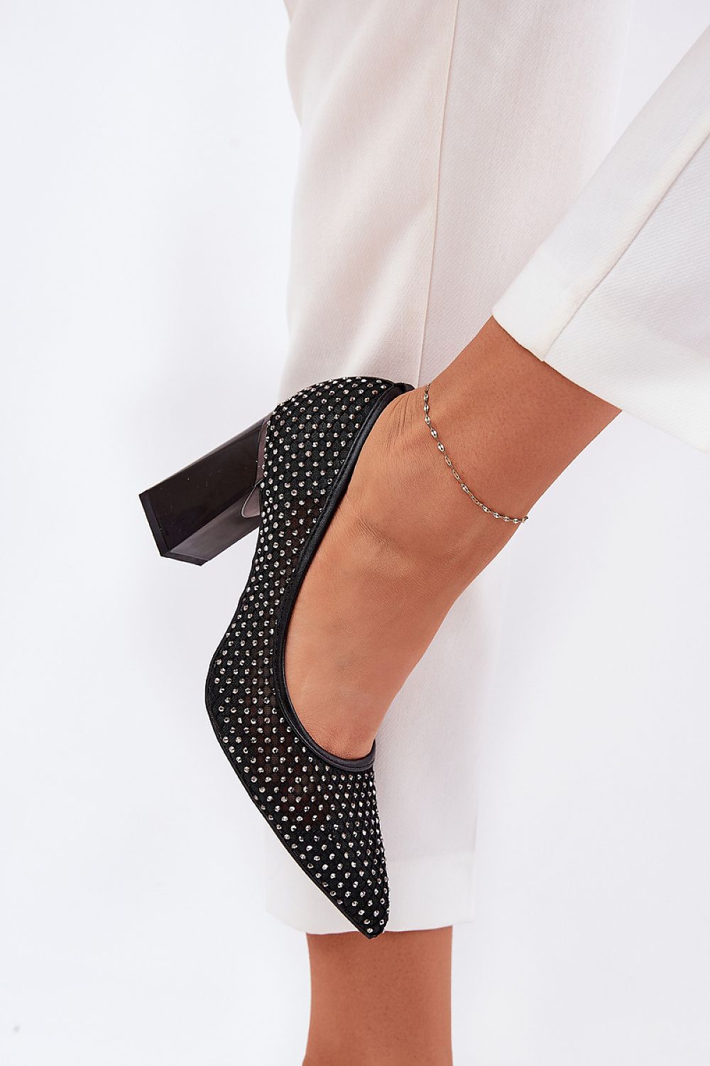 Close-up of Vinceza Elegant Block Heel Pumps in mesh, highlighting the exquisite craftsmanship and elegant design, perfect for sophisticated occasions, by Step in Style.