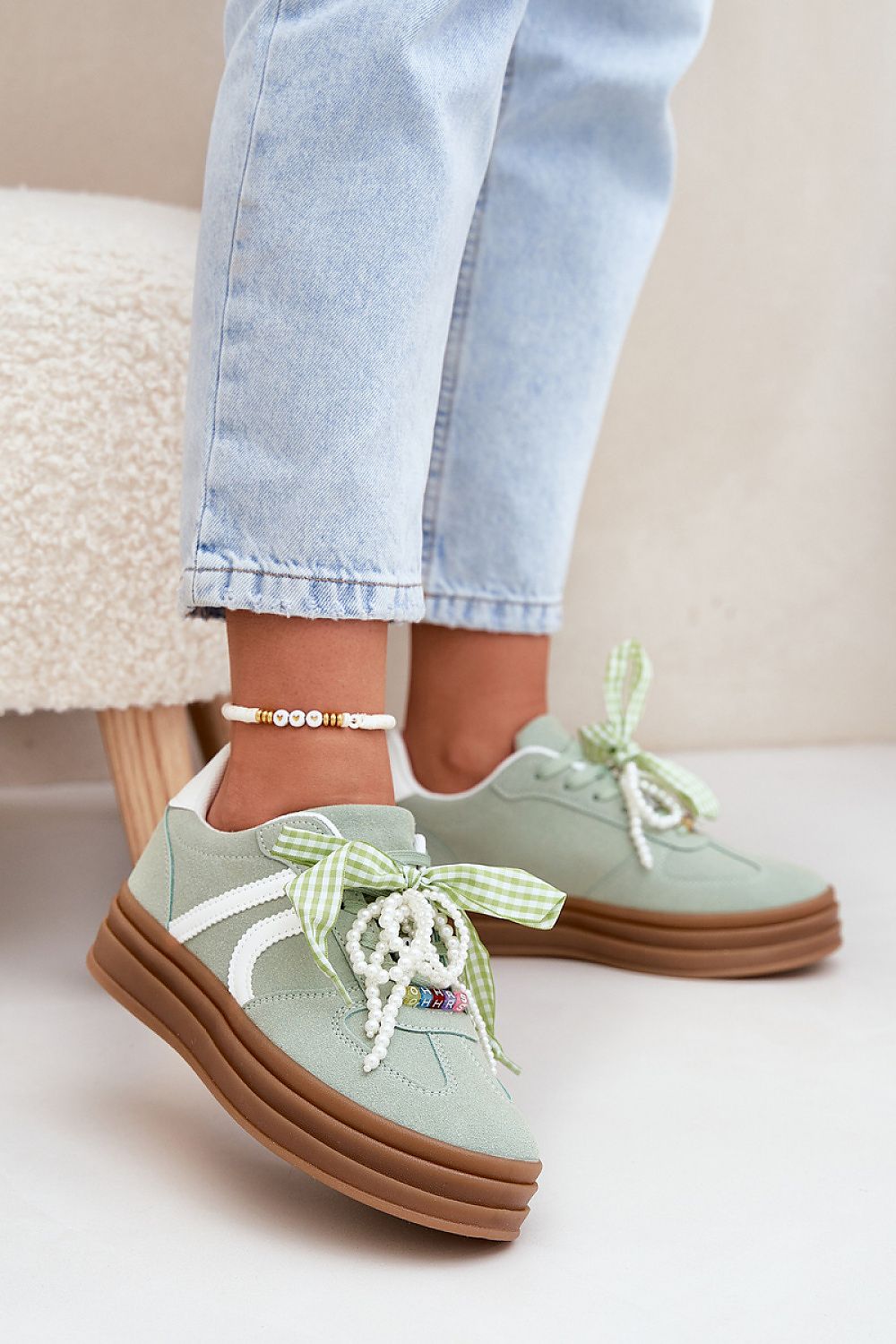 Luxurious eco-suede platform sneakers by Step in Style, enhanced with beautifully adorned charm laces for an exquisite finish.