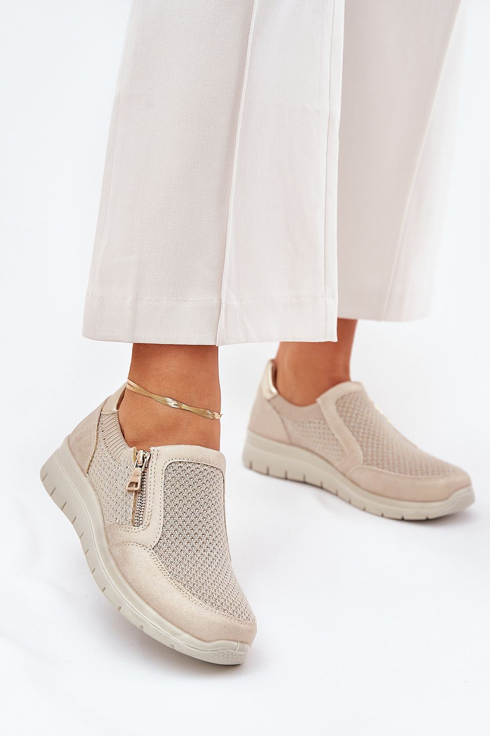 Elegant women's stylish half shoes with gold zipper accent by Step in Style, crafted from eco-friendly leather and fabric, perfect for casual outings.