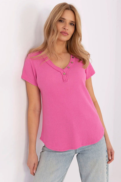 Elegant fitted cotton blouse by Italy Moda, featuring a V-neck and short sleeves, perfect for casual and workwear styling.