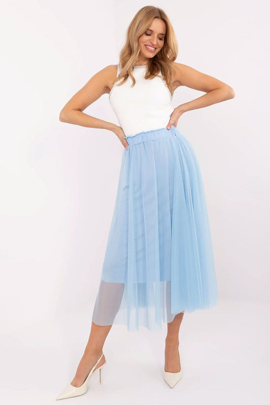 Luxurious elegant tulle midi skirt by Italy Moda, designed for casual and party wear, featuring a flowing, layered tulle composition and a comfortable elastic waistband, available in size EU 0 with a waist range of 68-104 cm.