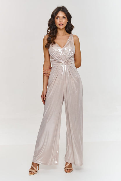 Elegant metallic jumpsuit by Makadamia featuring a deep V-neckline and thin straps, perfect for evening events and special occasions.