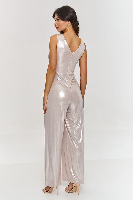 Stylish metallic jumpsuit from Makadamia, showcasing a fitted bodice and wide-legged trousers, ideal for a luxurious and modern look.
