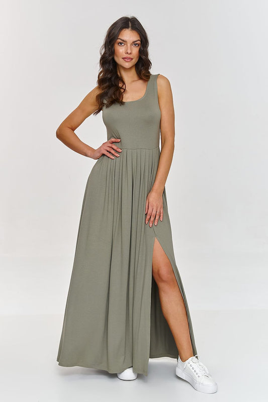 Elegant Makadamia maxi dress with side slit, made of viscose blend, perfect for spring and summer, showcasing luxury and style.