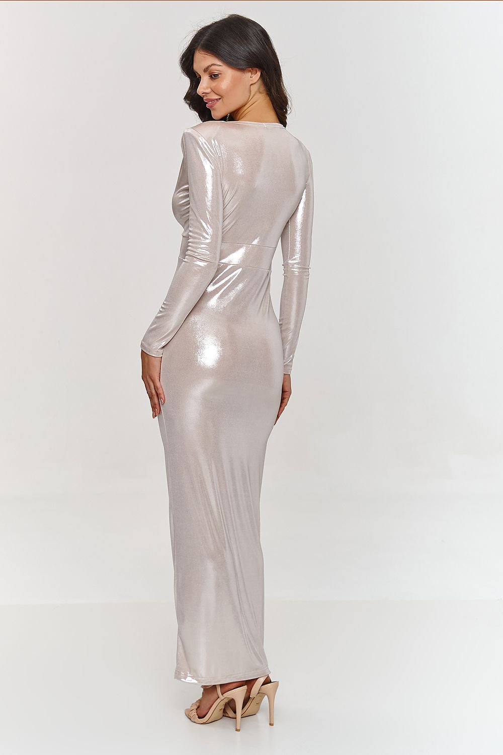 Stylish metallic maxi dress from Makadamia with a fitted silhouette, showcasing a draped sweetheart neckline and sophisticated side slit.