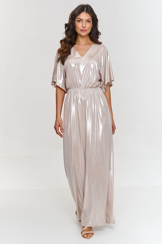 Luxury Makadamia metallic jumpsuit featuring a V-neck and kimono sleeves, perfect for elegant occasions, sizes EU 36-42.