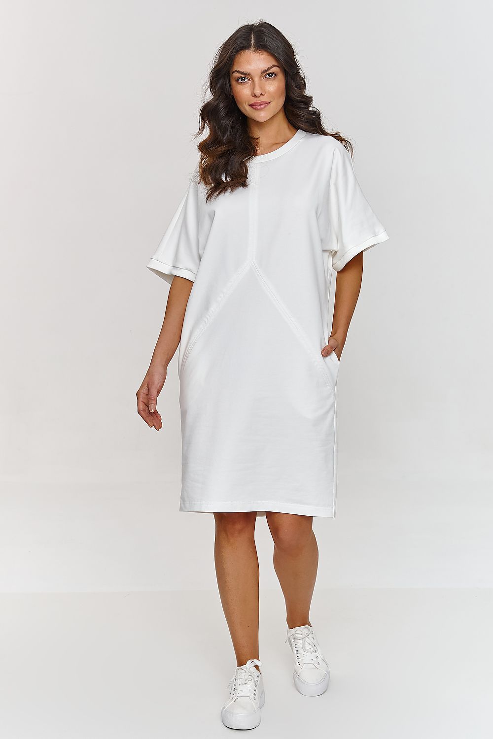 Close-up of the Elegant Short Sleeve Daydress by Makadamia, highlighting the premium cotton blend fabric and minimalist style.
