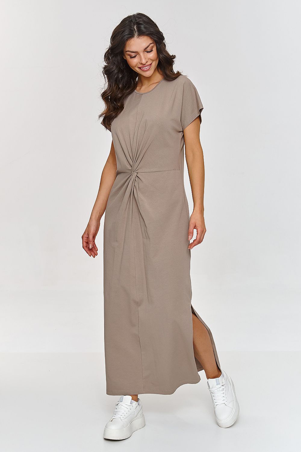 Elegant Makadamia Women's Maxi Dress featuring a chic side slit and feminine waist gathering, crafted from breathable cotton for ultimate comfort and style.