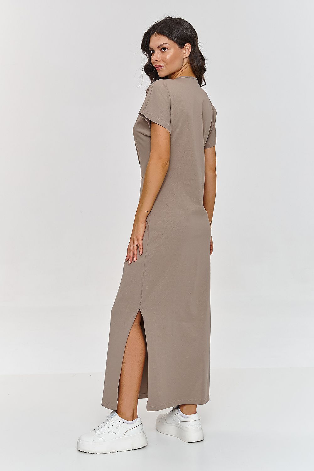 Sophisticated Makadamia Women's Maxi Dress, highlighting a round neckline and short sleeves, perfect for both casual outings and elegant events.
