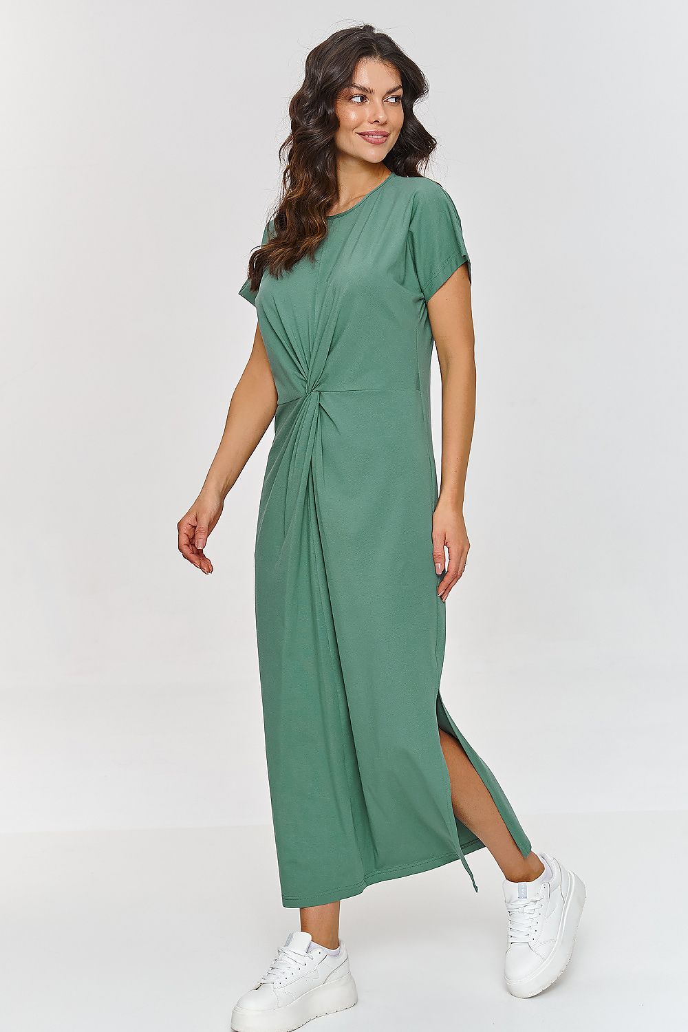 Makadamia Women's luxury maxi dress featuring elegant side slit and delicate waist gathering, perfect for both casual and formal occasions.