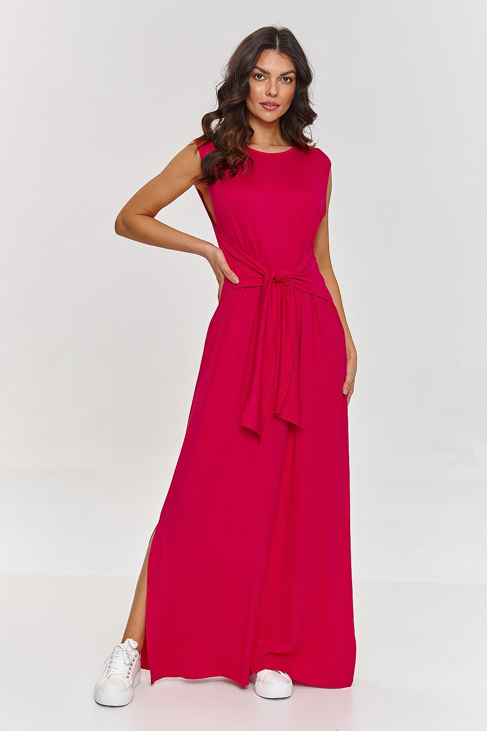 Elegant Makadamia maxi dress in light viscose knit featuring a stylish side slit and adjustable waist tie, perfect for spring and summer fashion.