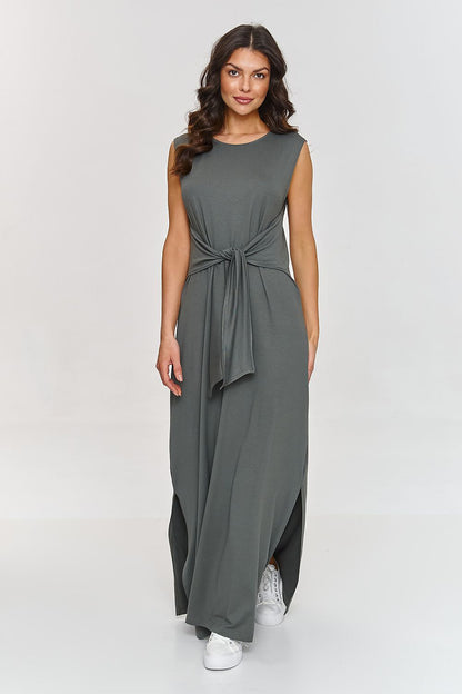 Majestic Makadamia maxi dress featuring a stylish side slit and elegant waist tie, designed for spring and summer elegance.