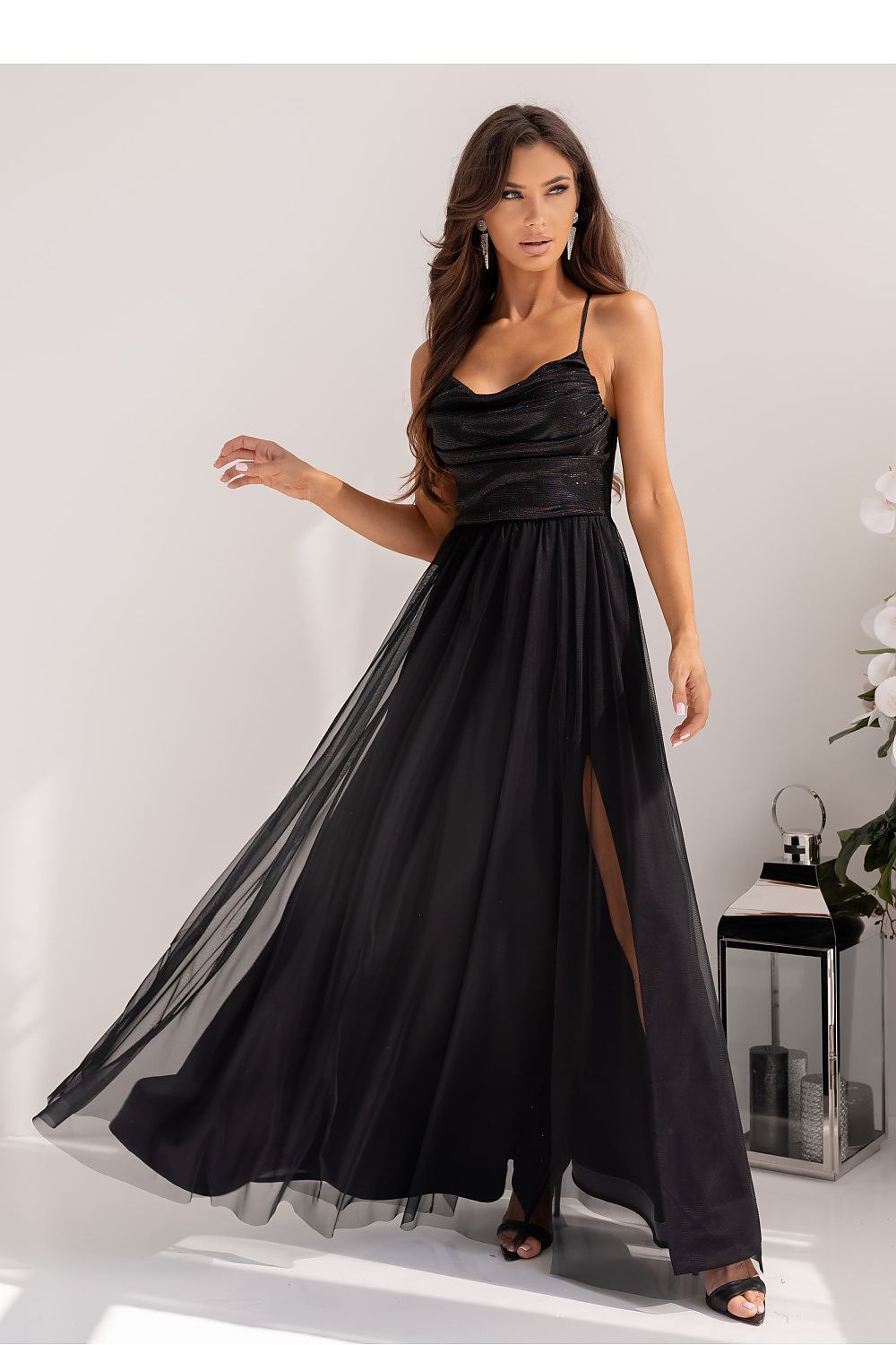 Luxurious sequin long dress by With You, showcasing adjustable bust and elegant tulle bottom, available in sizes EU 32 to EU 40.