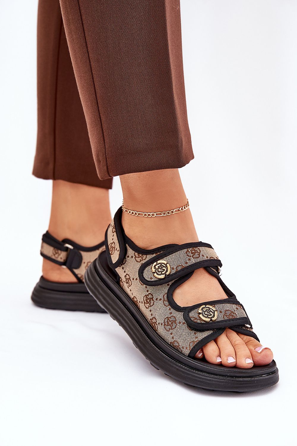 Elegant women's textile sandals with three velcro straps and a stylish patterned upper, designed by Step in Style, featuring a 3cm platform for comfort and stability.