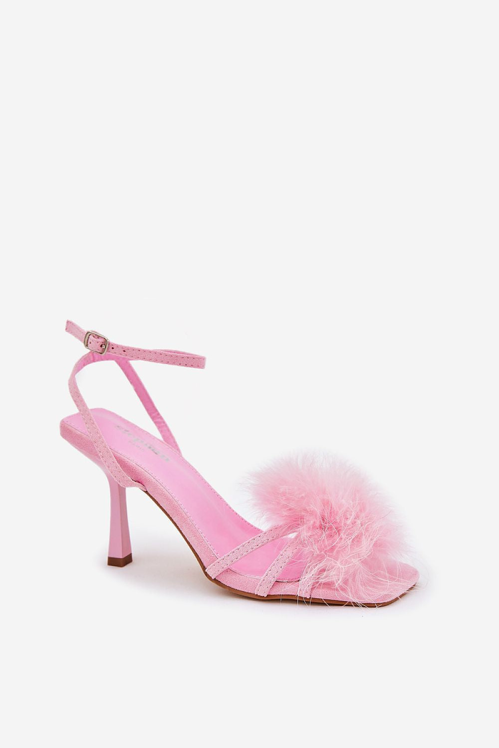 Elegant stiletto heel sandals for women with feather detail from Step in Style, crafted in eco-suede for luxe comfort.